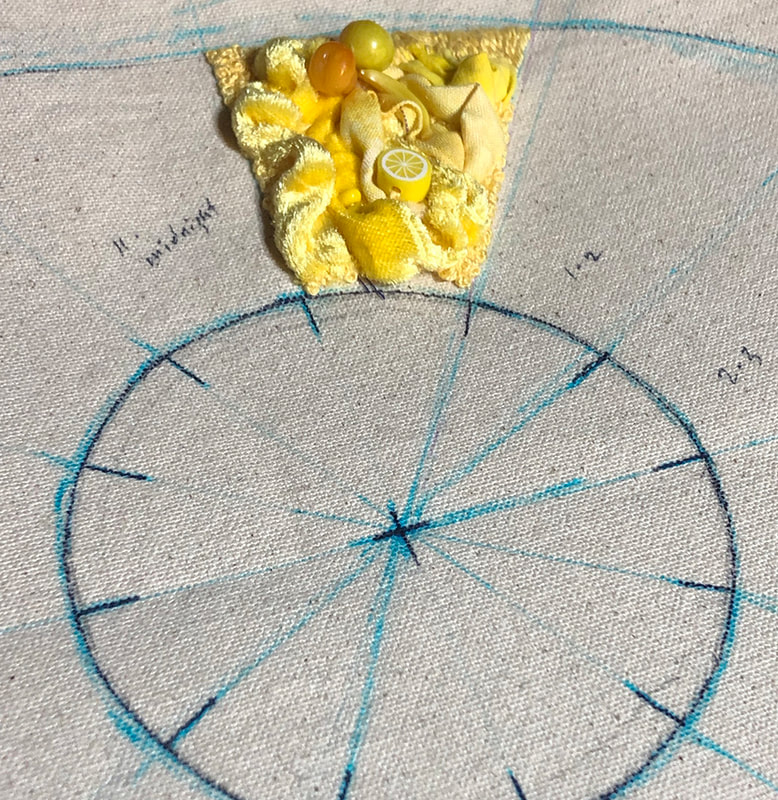 A segmented circle is topped by a segment finished in yellow fuzzy fabric with beads attached and some embroidery thread. you can see other segments labeled 102, 2-3, 11-midnight around the center