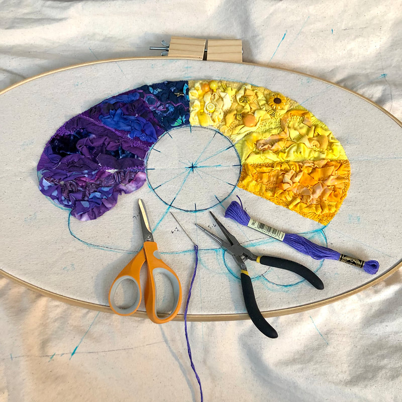 a full brain in a oval embroidery hoop and about half of it is finished with fabric in purples on the left side and yellows on the right side. At the bottom in the unfinished portion is a scissor, needle and thread, small pliers and a skein of purple emboridery thread.