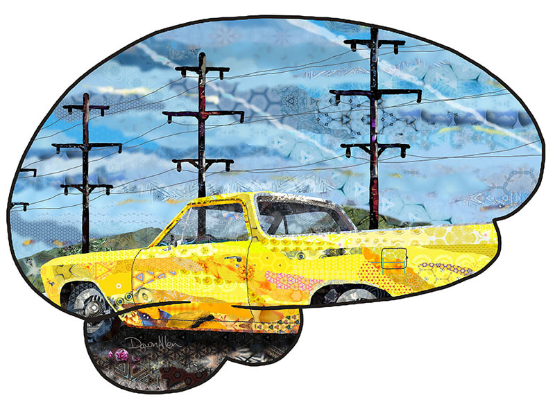 Picture of a right facing brain and inside the brain is a yellow truck. Behind and above the truck are telephone poles and lines and you can see green mountains and blue sky behind them.